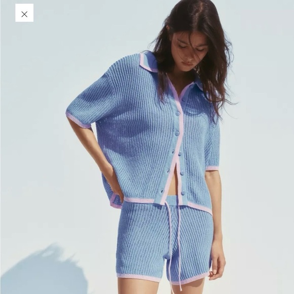 Zara Pants - Zara Knit Lounge Shorts Blue Pink Tie Waist NWT Matching Set Coastal Size L